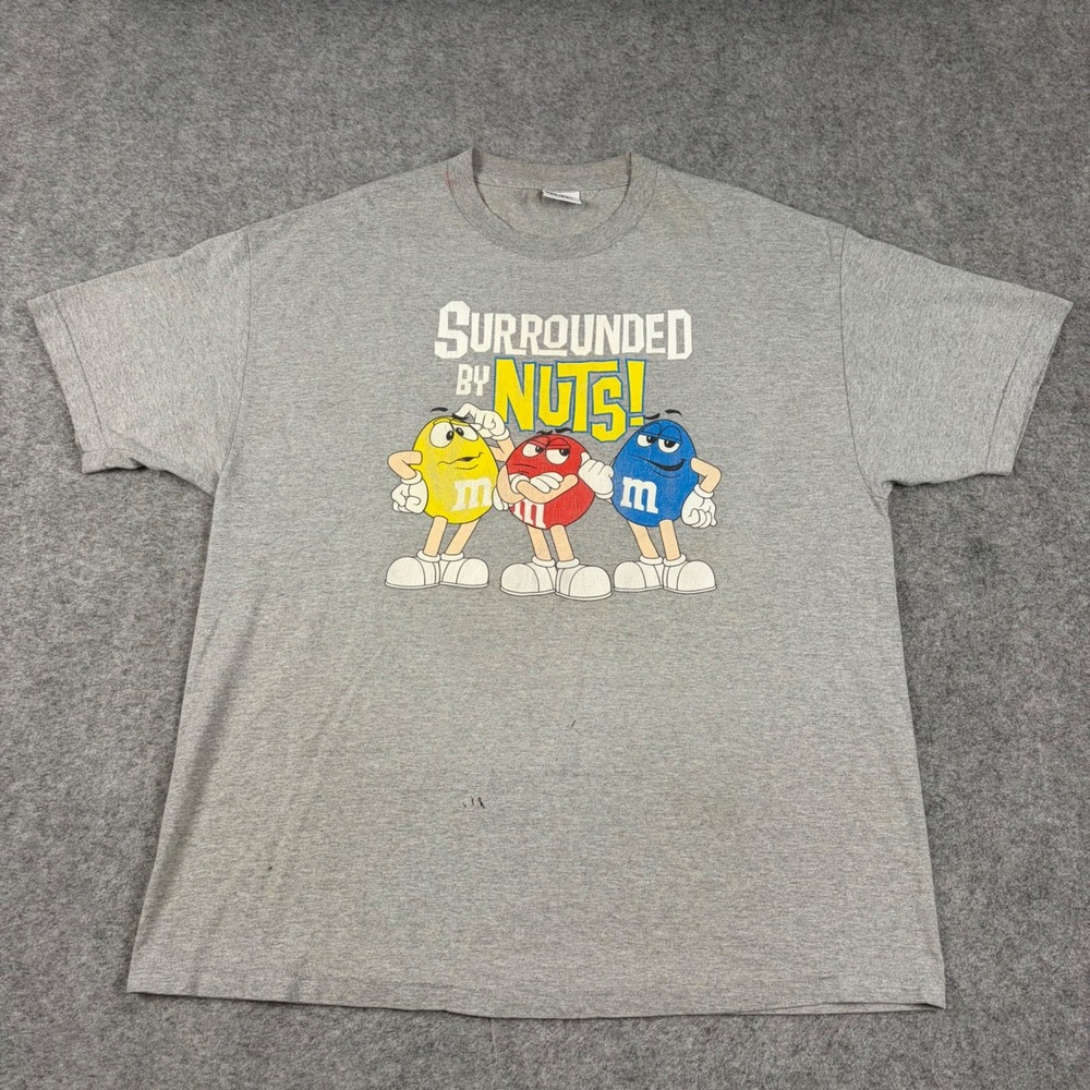 M&M T Shirt Mens XL Gray Surrounded By Nuts Graphic Short Sleeve Y2K Funny Humor